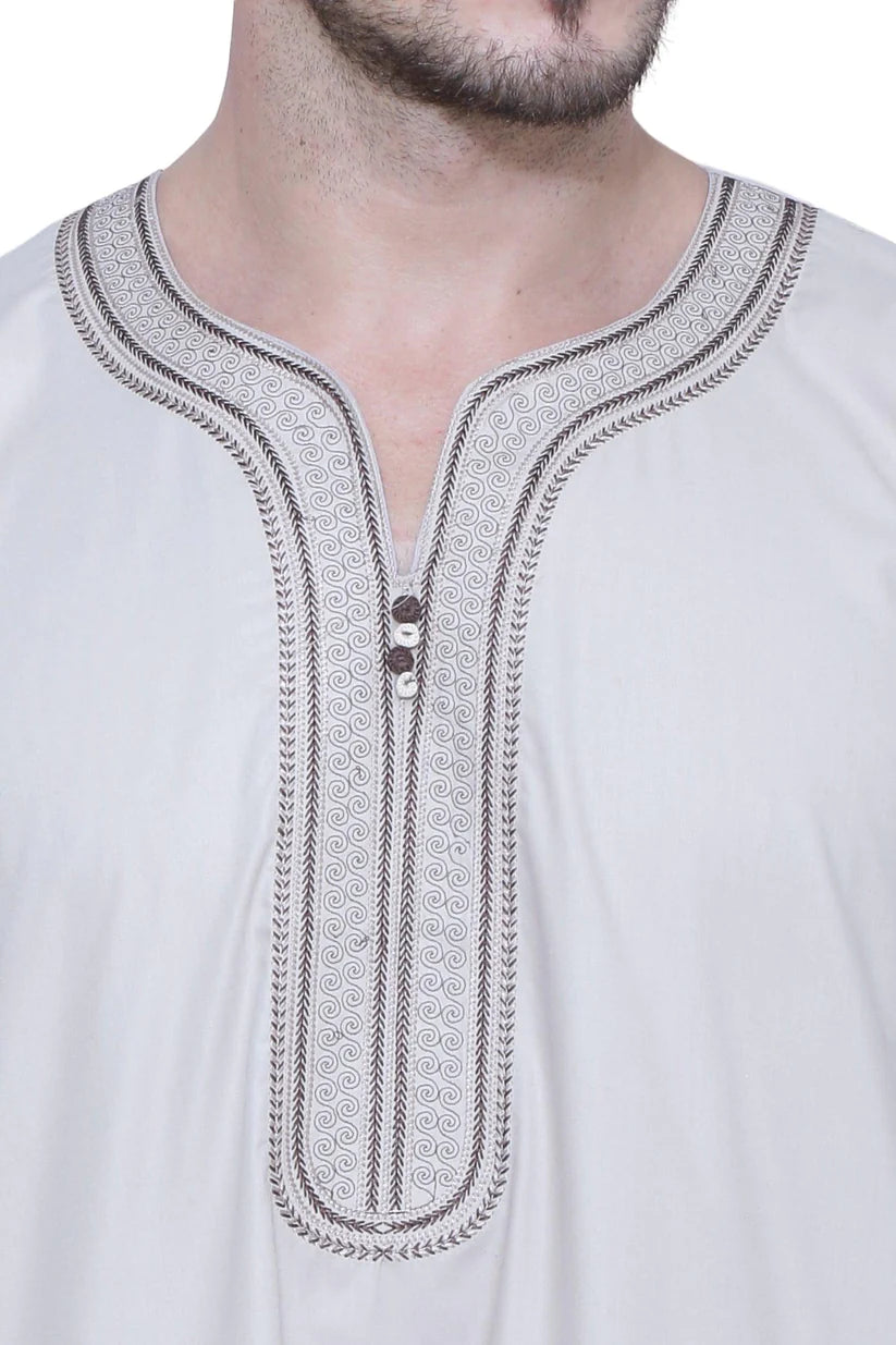 Moroccan Embroidery Thobe Half Sleeves off white