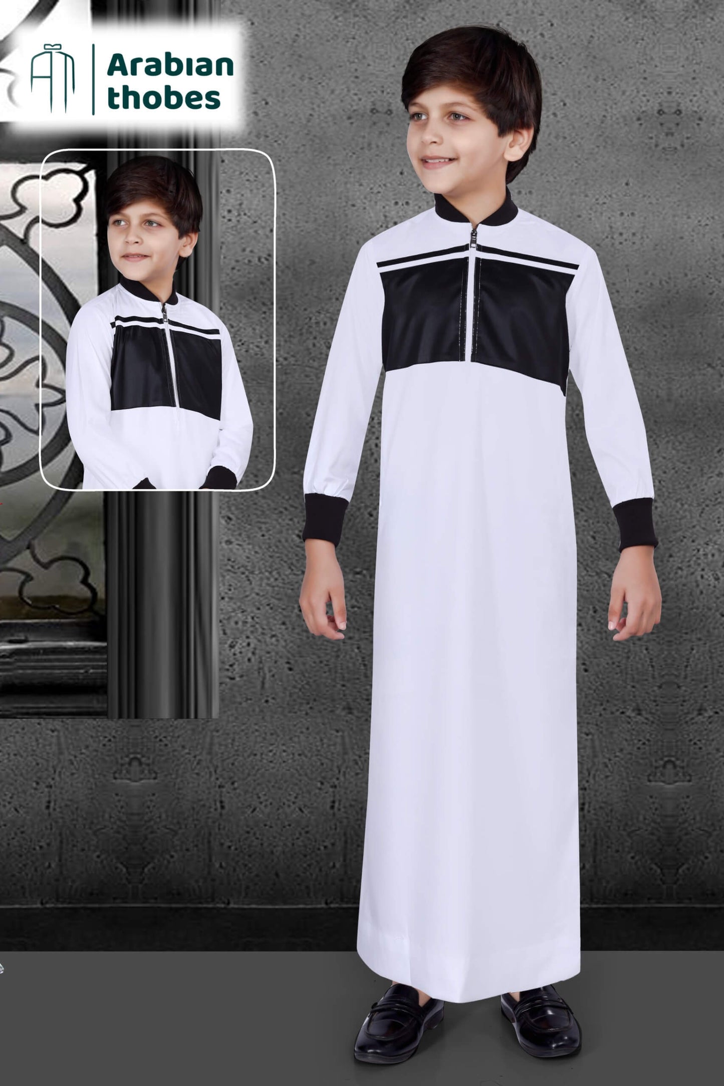 White Pattern Thobe for Boys