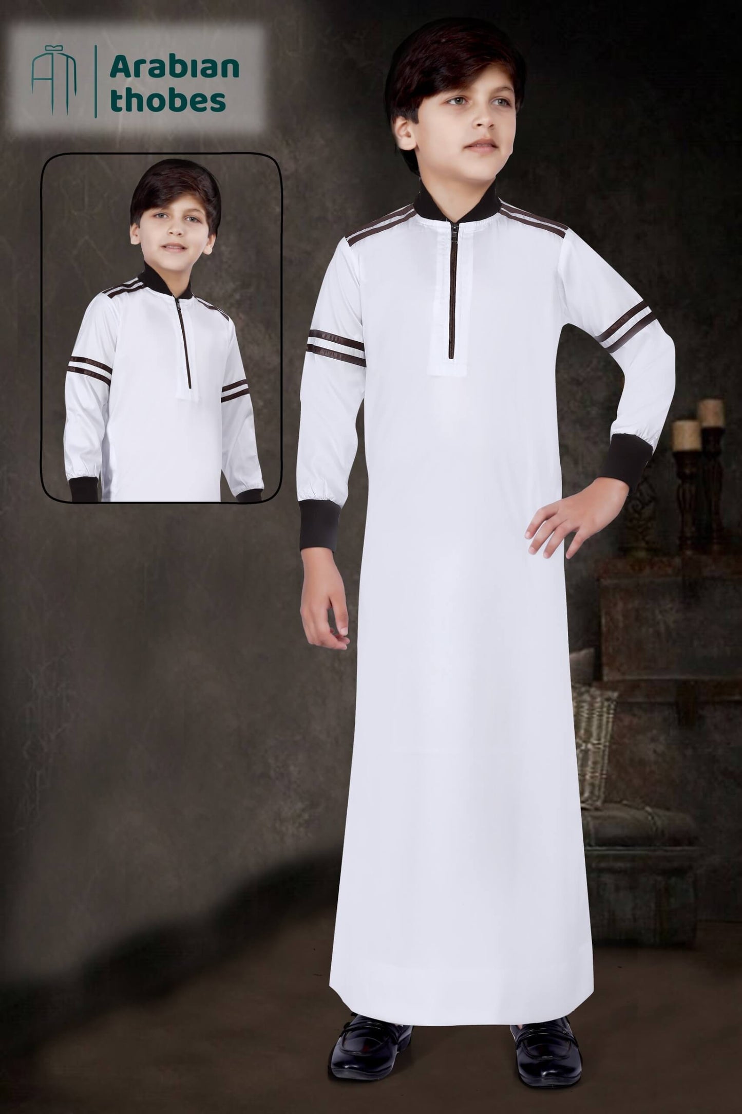 White Pattern Thobe for Boys