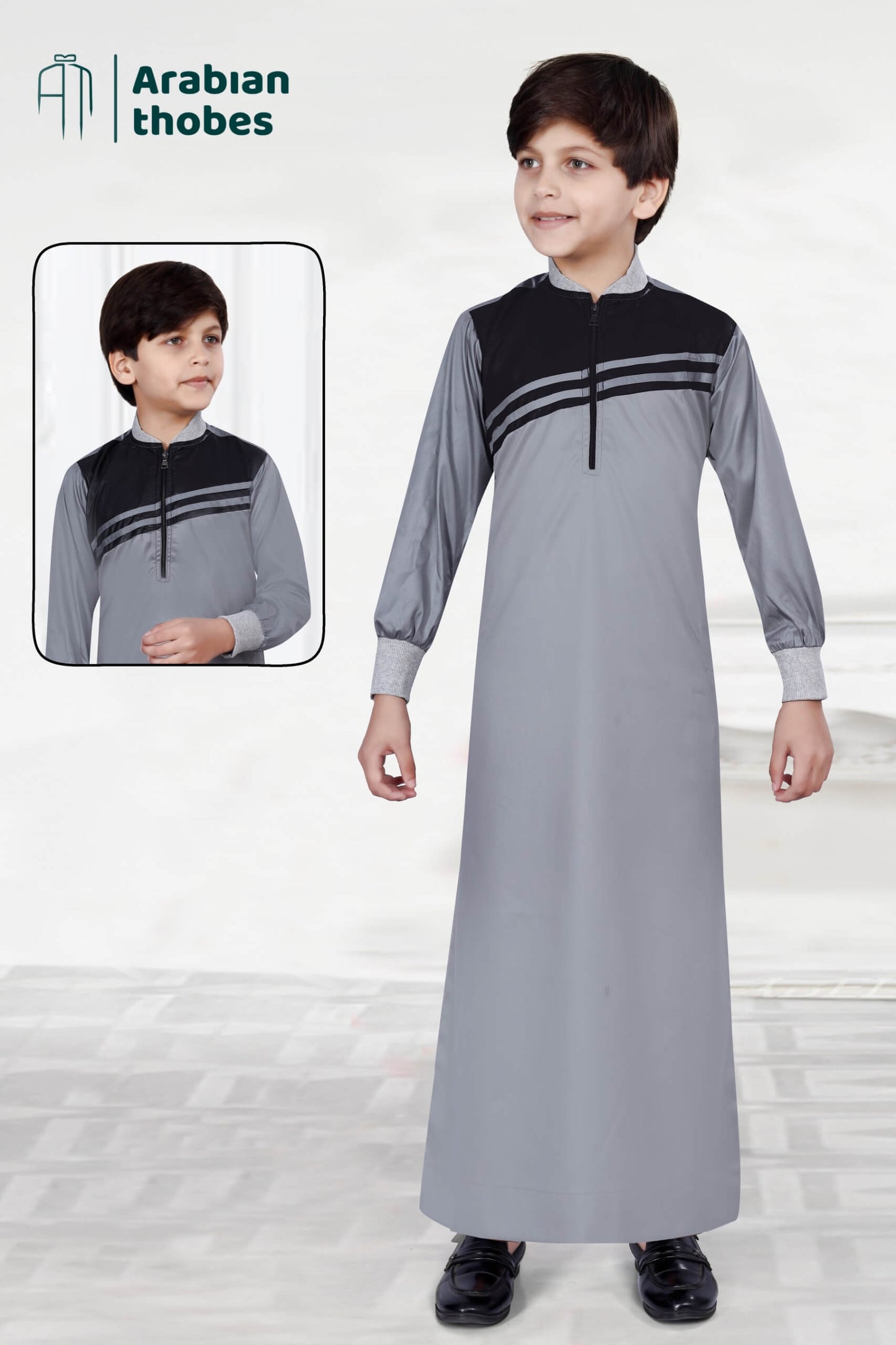 Grey Pattern Thobe for Boys