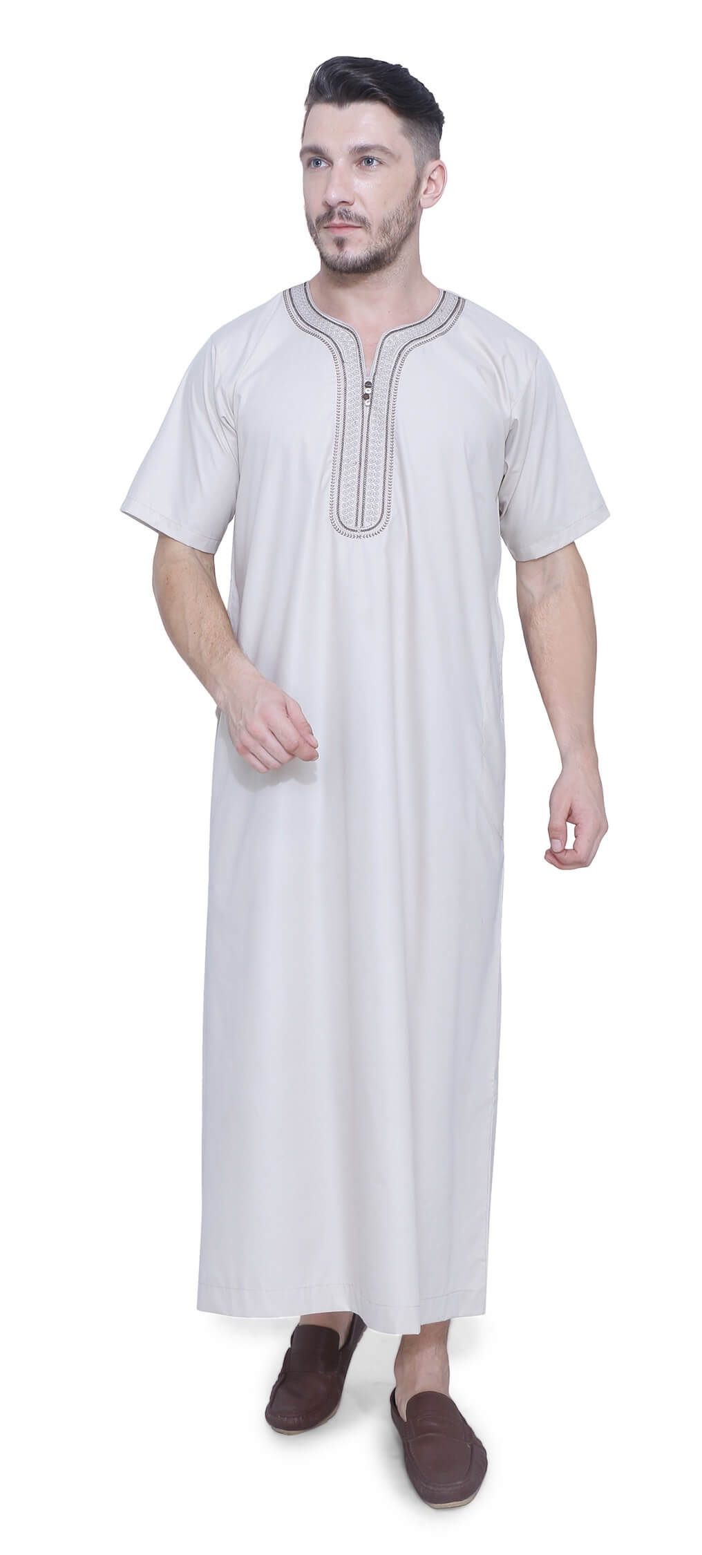 Moroccan Embroidery Thobe Half Sleeves off white