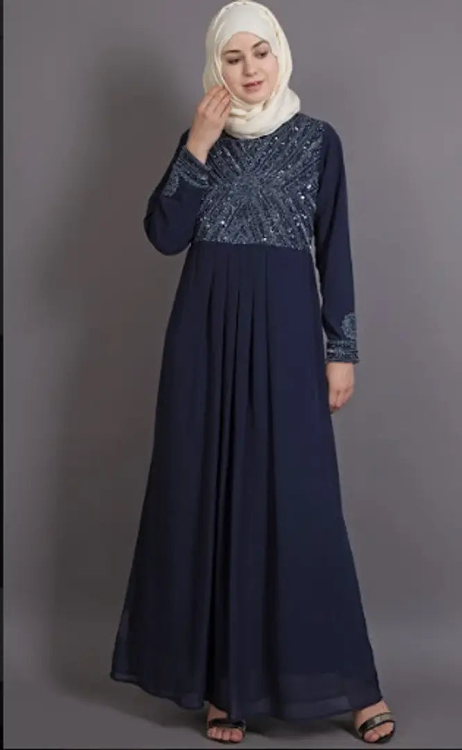 Contemporary Navy Blue Poly Georgette Embellished Abaya For Women