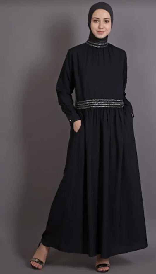 Contemporary Black Polyester Crepe Embellished Abaya For Women