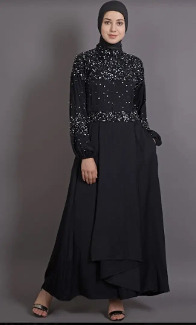 Contemporary Black Polyester Crepe Embellished Abaya For Women