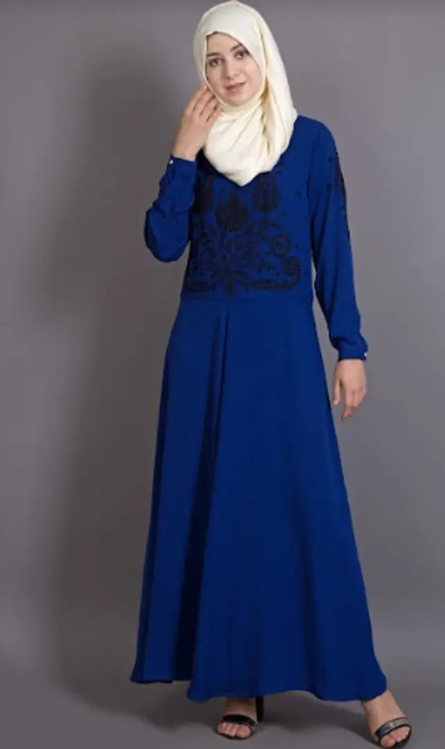 Contemporary Blue Polyester Crepe Embroidered Abaya For Women