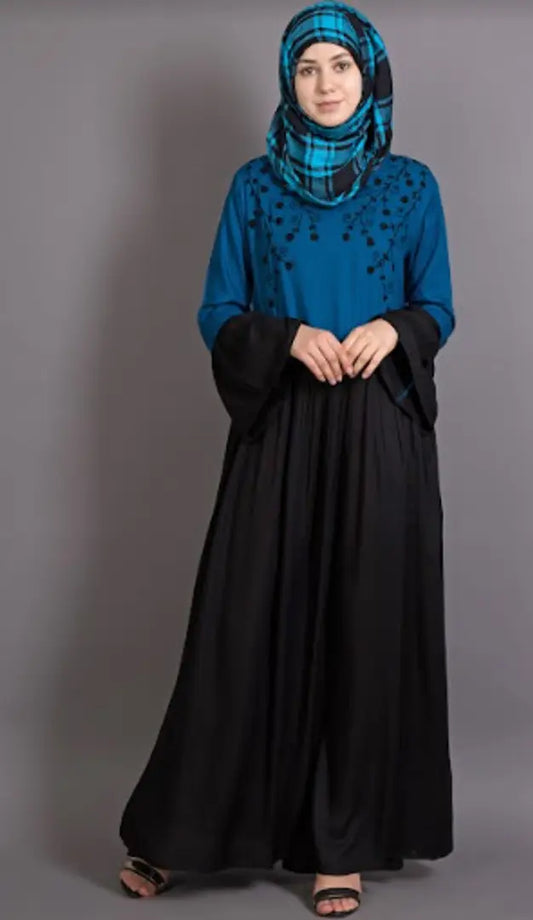 Contemporary Blue Viscose Moss Crape Embroidered Abaya For Women