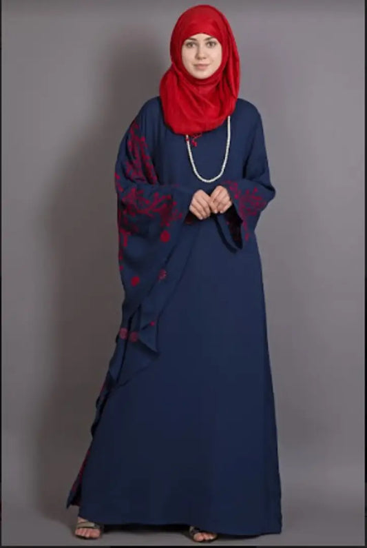 Contemporary Navy Blue Polyester Crepe Abaya For Women