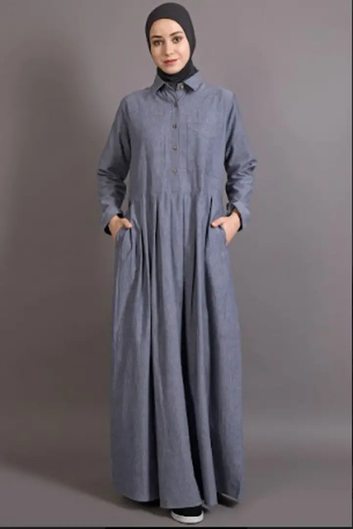 Contemporary Grey Cotton Chambray Abaya For Women