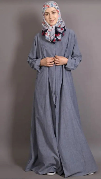 Contemporary Blue Cotton Chambray Abaya For Women